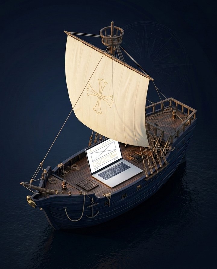 Hanzeatycki statek kupiecki z laptopem na pokładzie — symbol Hanse Studio łączącego tradycję z nowoczesnym webem